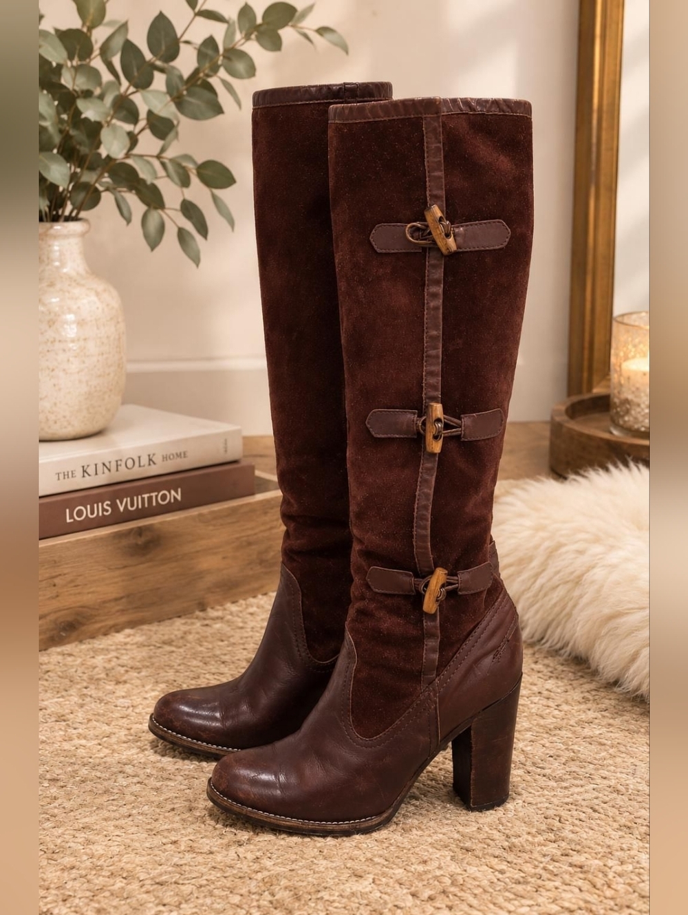 Women's Tall Brown Suede & Leather Buckle Heel Boots